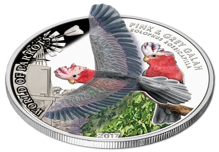 2017 World of Parrots: Pink & Grey Galah – $5 Sterling Silver 3D Coin