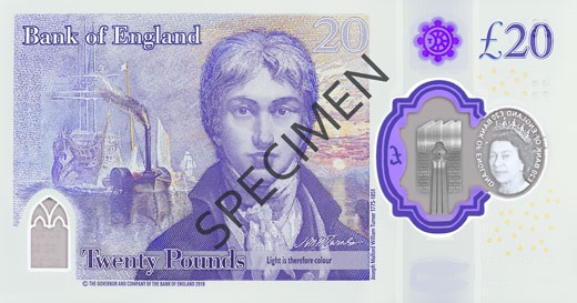 New 20 Pounds polymer note from the Bank of England back